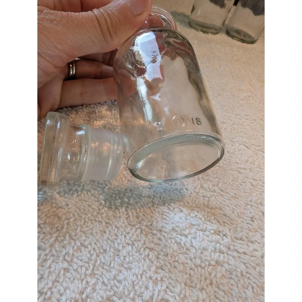 6 Vintage Clear Glass Apothecary Spice Jars/Bottles w/Stoppers Wagner Japan
